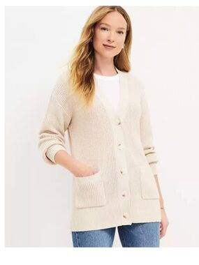 LOFT Neutral Beige Open-Front Knit Cardigan